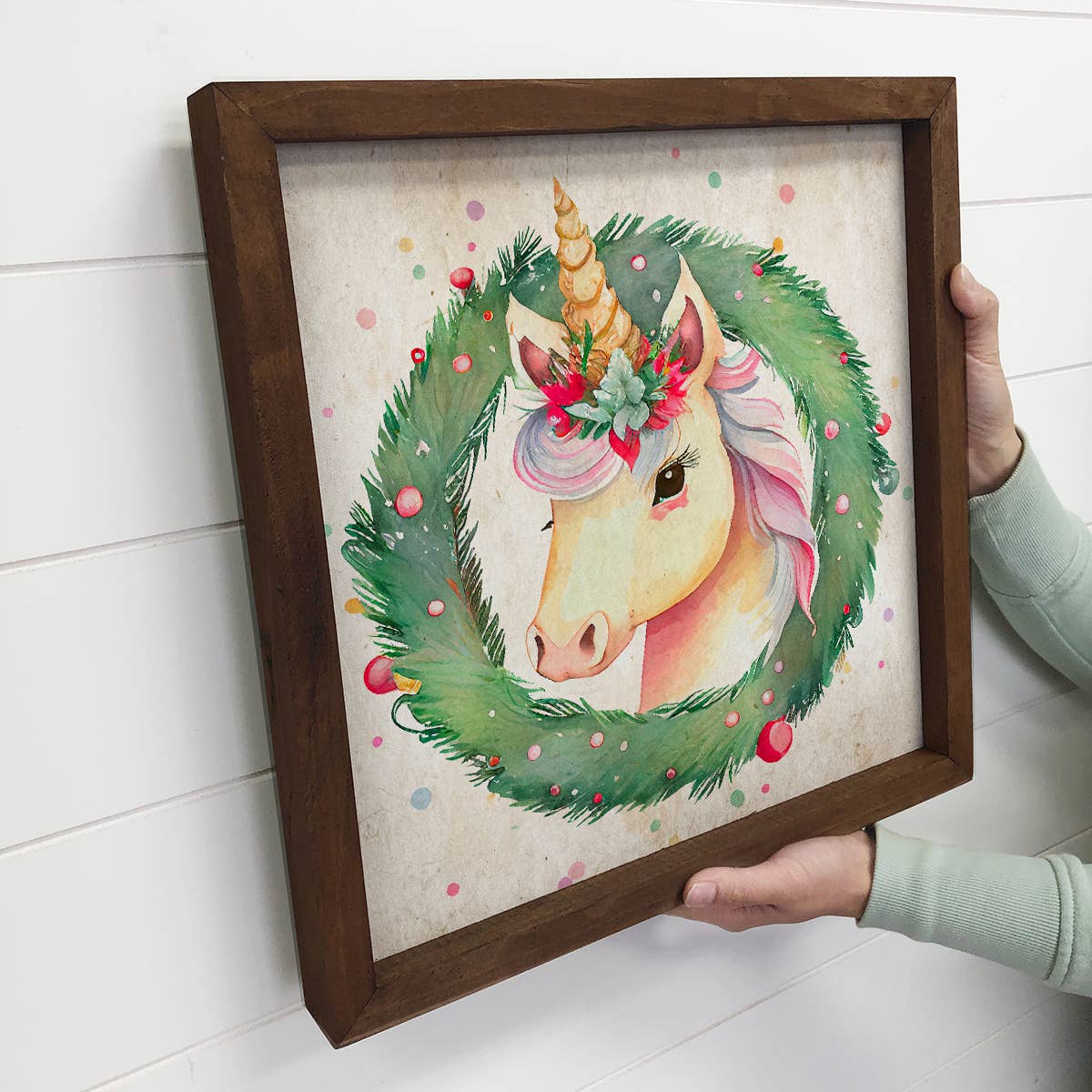 Christmas Wreath Unicorn - Cute Holiday Animal - Framed Art