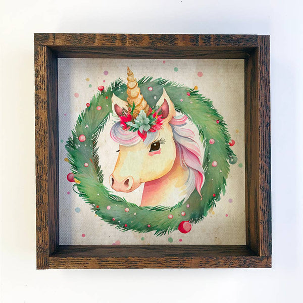 Christmas Wreath Unicorn - Cute Holiday Animal - Framed Art