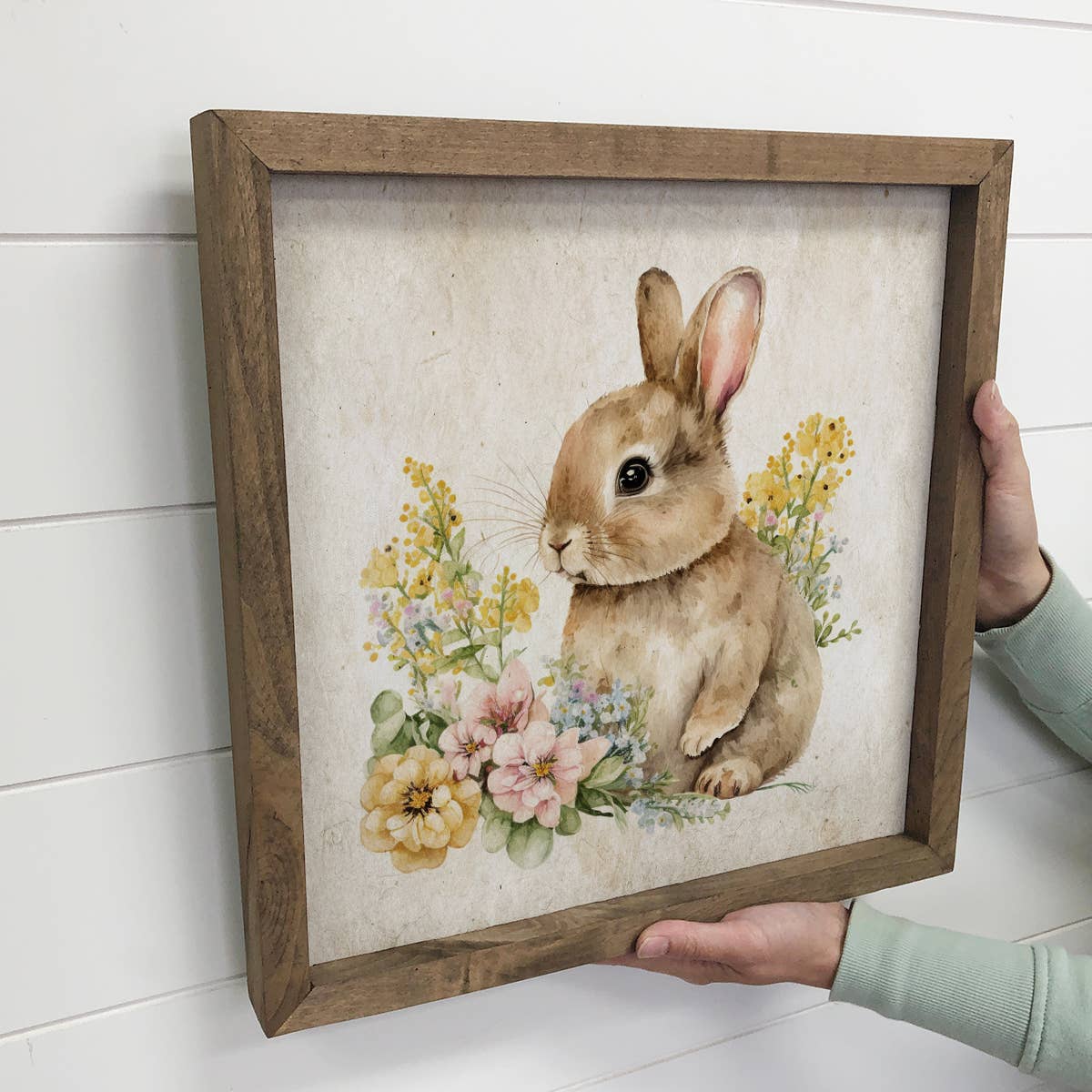 Vintage Bunny Flowers - Spring Time Bunny - Wood Framed Art