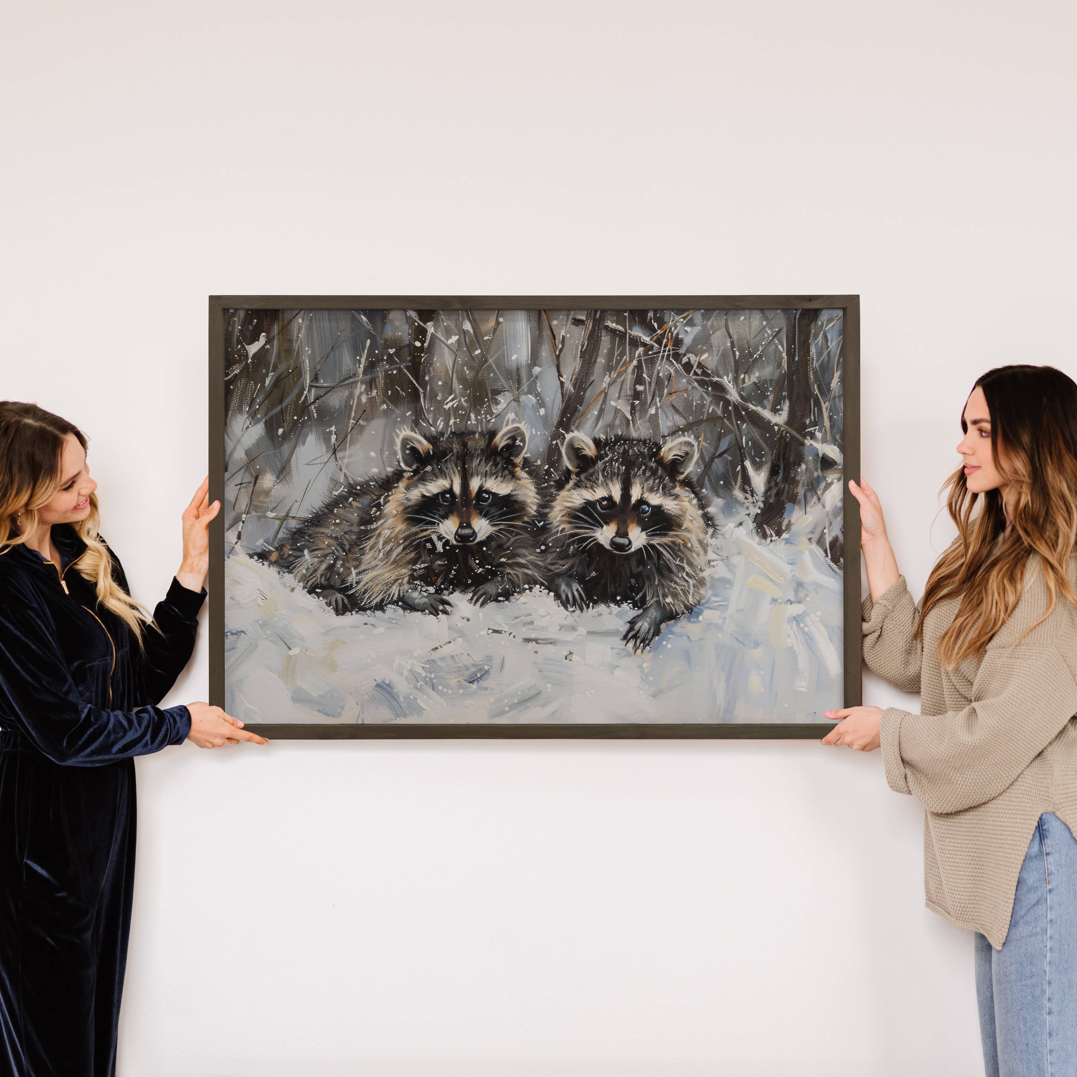 Two Racoons in Snow - Winter Animal Canvas Art - Cabin Decor