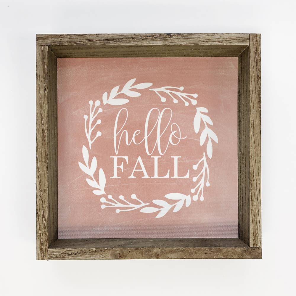 Hello Fall Wreath on Chalked Pink Background Canvas Sign