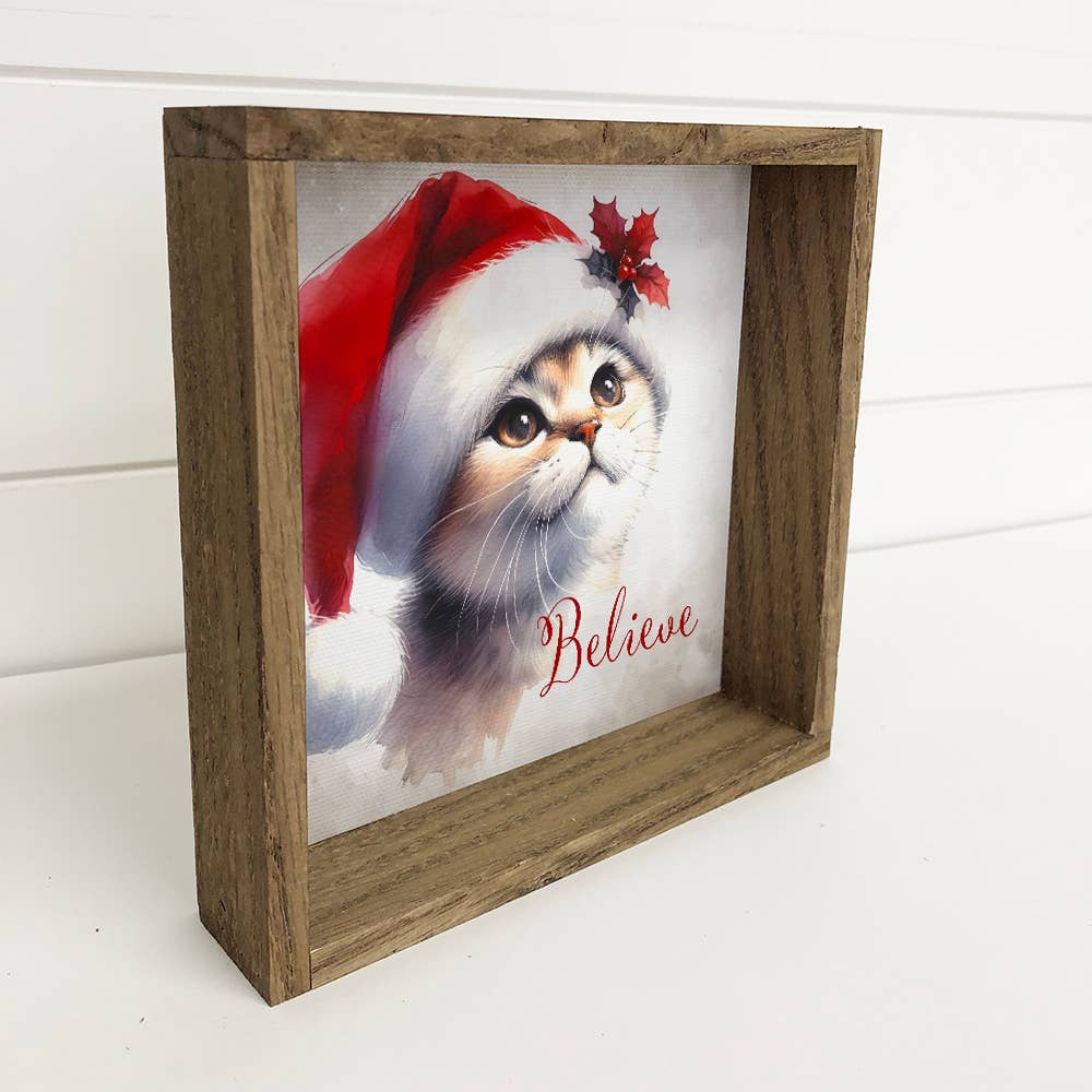 Believe Santa Cat - Cute Animal Holiday Canvas Art - Framed