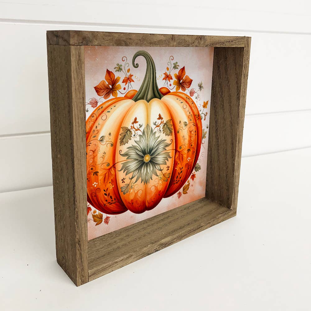 Folk Fancy Painted Pumpkin - Fall Wall Art - Framed Decor