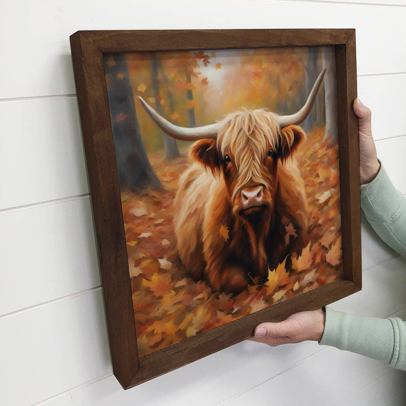 Highland Cow in Fall Leaves -  Cute Framed Animal Wall Art