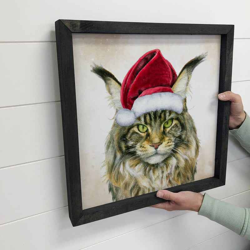 Maine Coone Cat in Santa Hat Christmas Holiday Canvas Sign