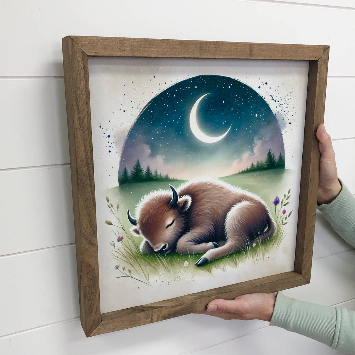 Woodland Nursery Sleeping Bison - Cute Animal Nursery Art