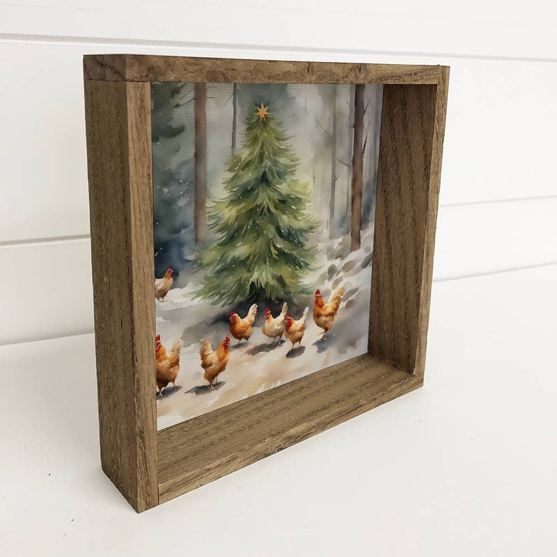 Chicken Christmas Tree - Wood Frame Canvas Art - Cute Animal