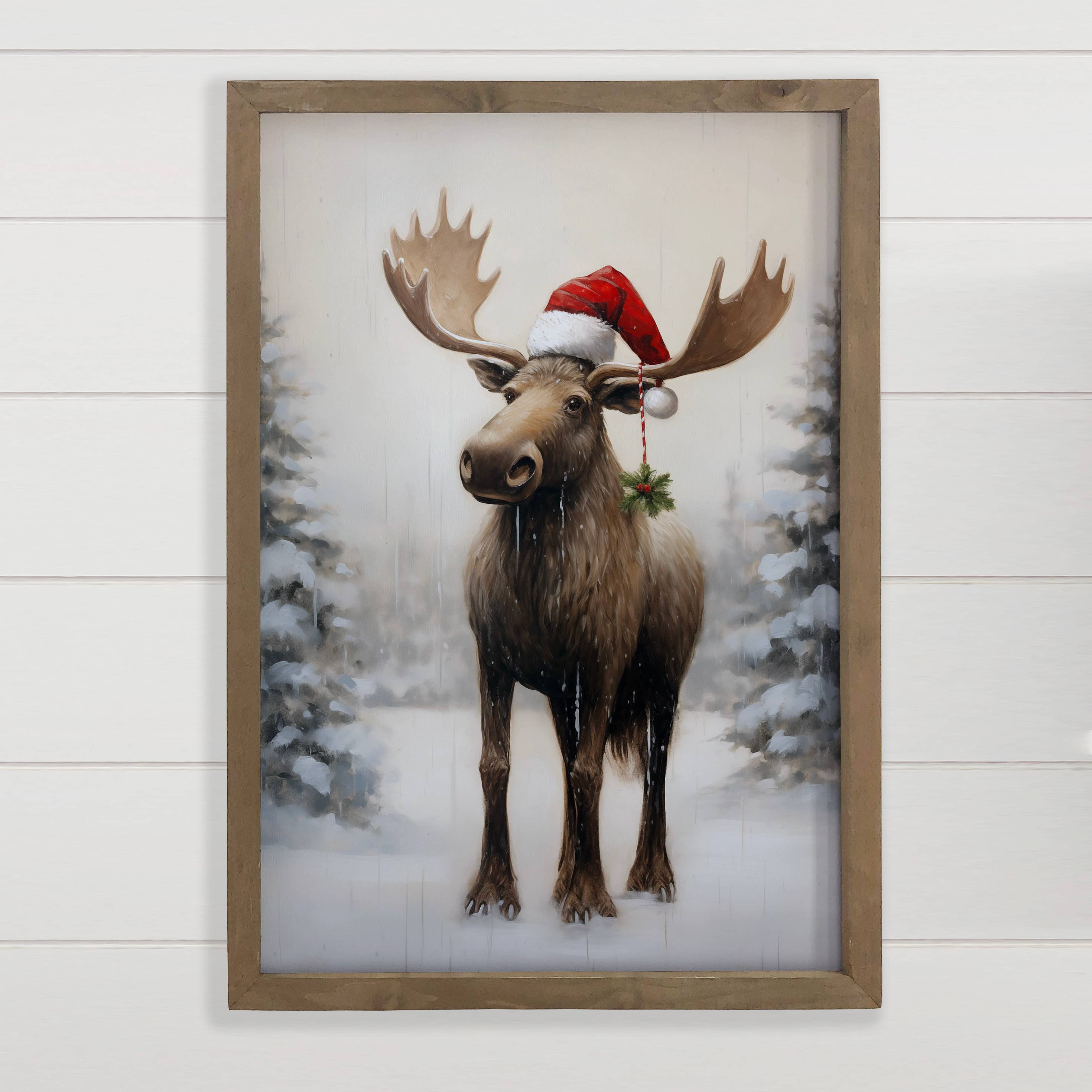 Christmas Moose Santa Hat - Animal Christmas Canvas Art