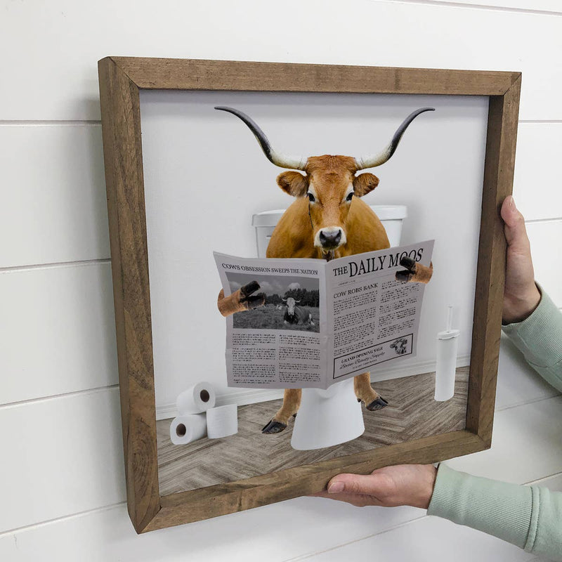 Longhorn Cow on Toilet Farmhouse Sign - Funny Bathroom Art