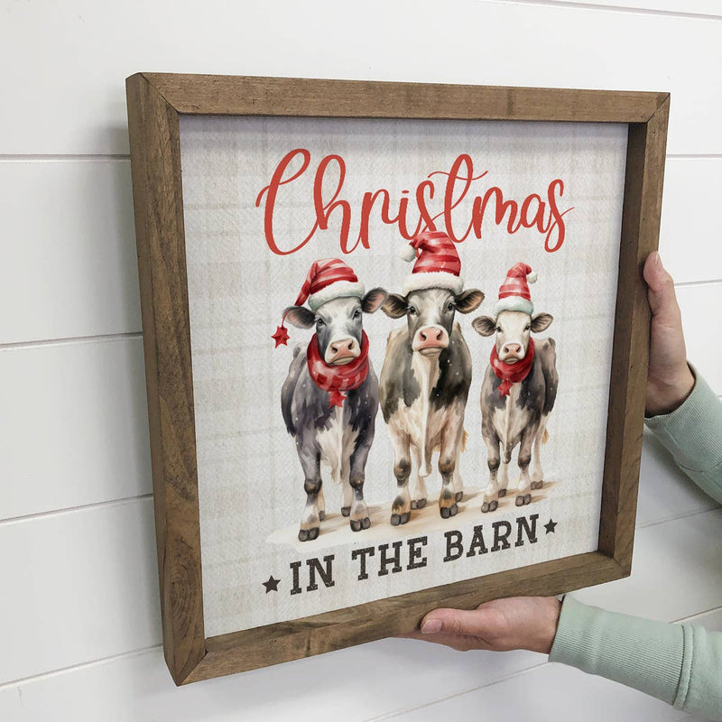 Christmas in the Barn - Framed Holiday Canvas Art - Cow Art