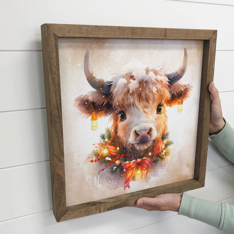Highland Cow Christmas Lights - Animal Holiday Canvas Art