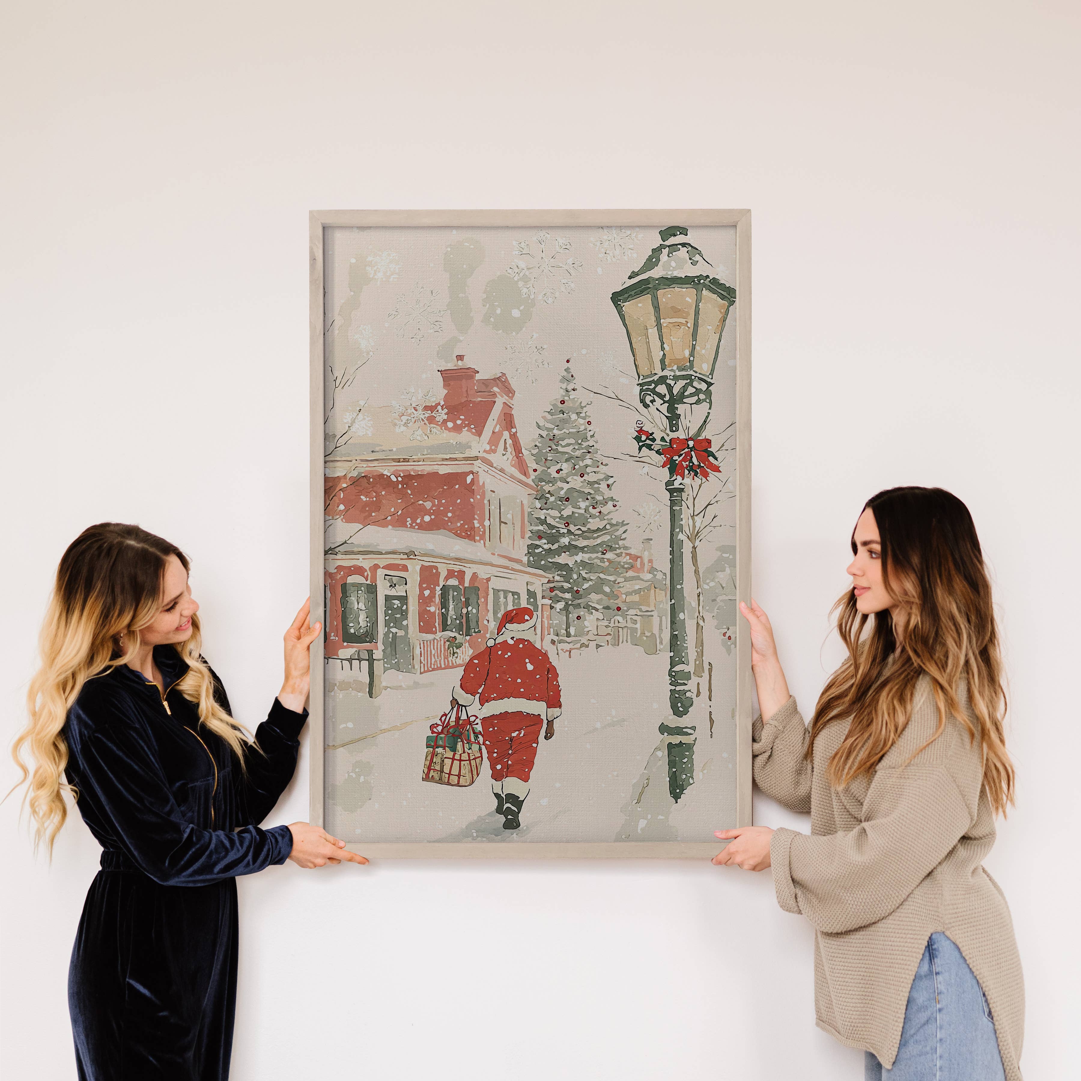Santa Walking Through Town - Santa Canvas Art - Wood Framed