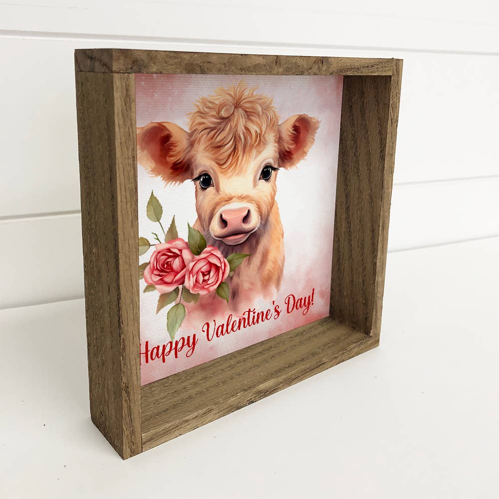 Happy Valentines Day Cow - Cute Cow Canvas Art - Wood Framed