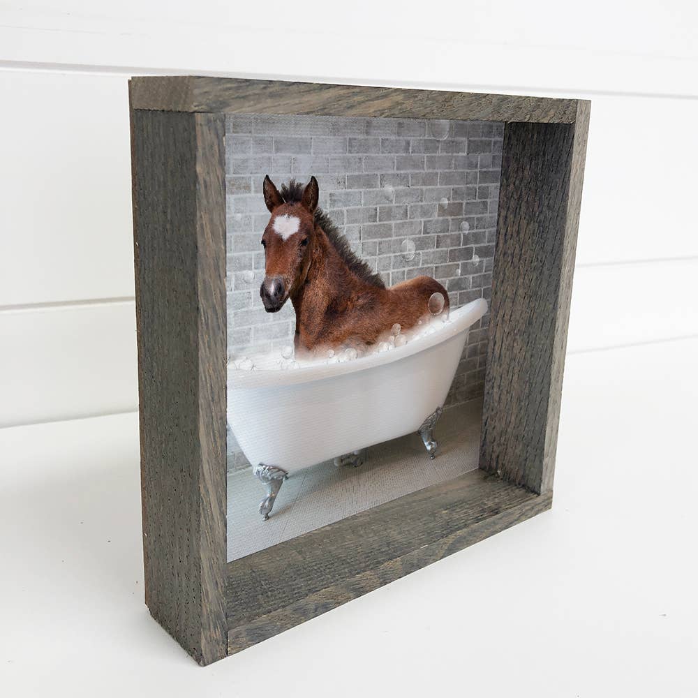 Horse in a Bathtub Funny Bathroom Greywash Wood Frame