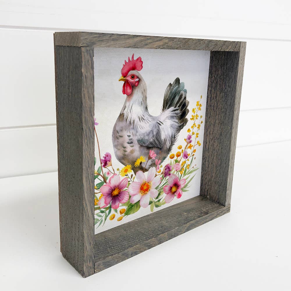 Spring Chicken Meadow Flowers - Framed Chicken Canvas Art