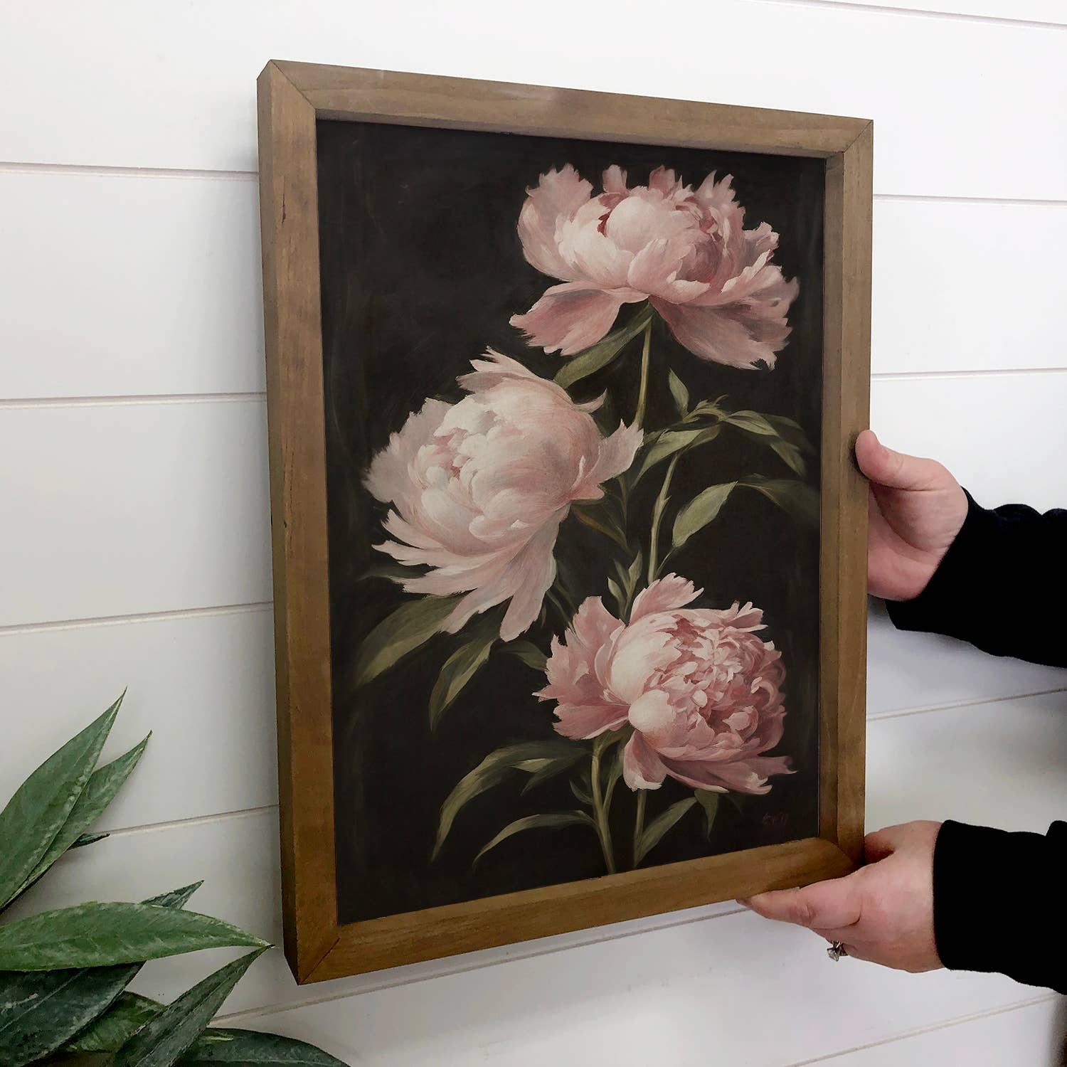 Blush Peonies Dark Painting - Farmhouse Flower Canvas Art