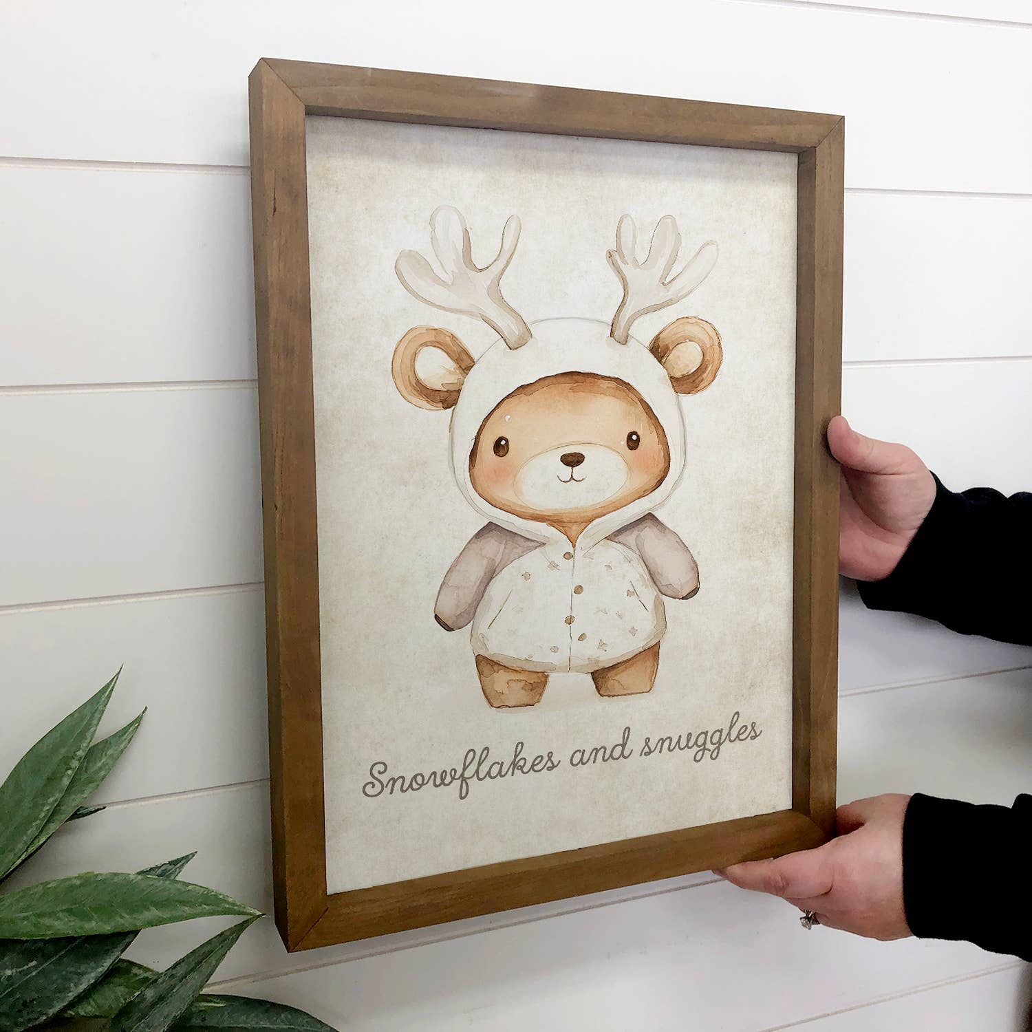 Bear Antlers Snowflake and Snuggles - Cute Bear Canvas Art
