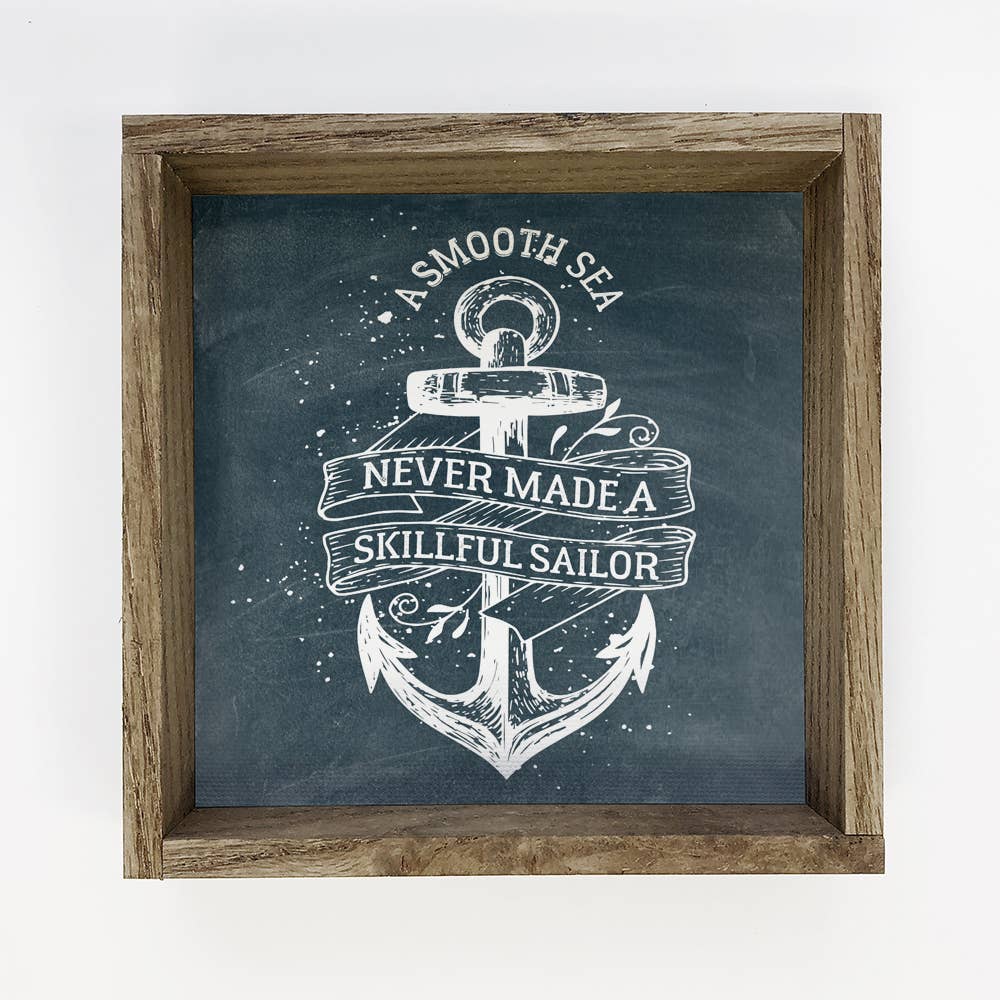 Cute Nautical Anchor Sign - Blue Canvas and Oak Wood Frame