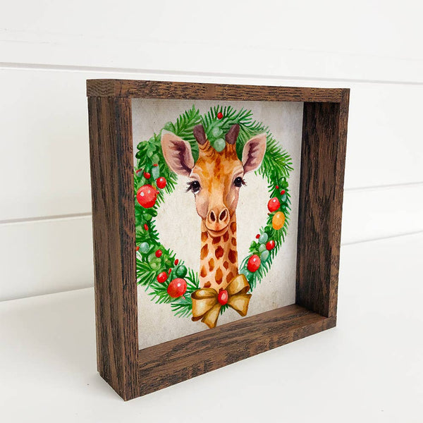 Christmas Wreath Giraffe - Cute Holiday Animal - Framed Art