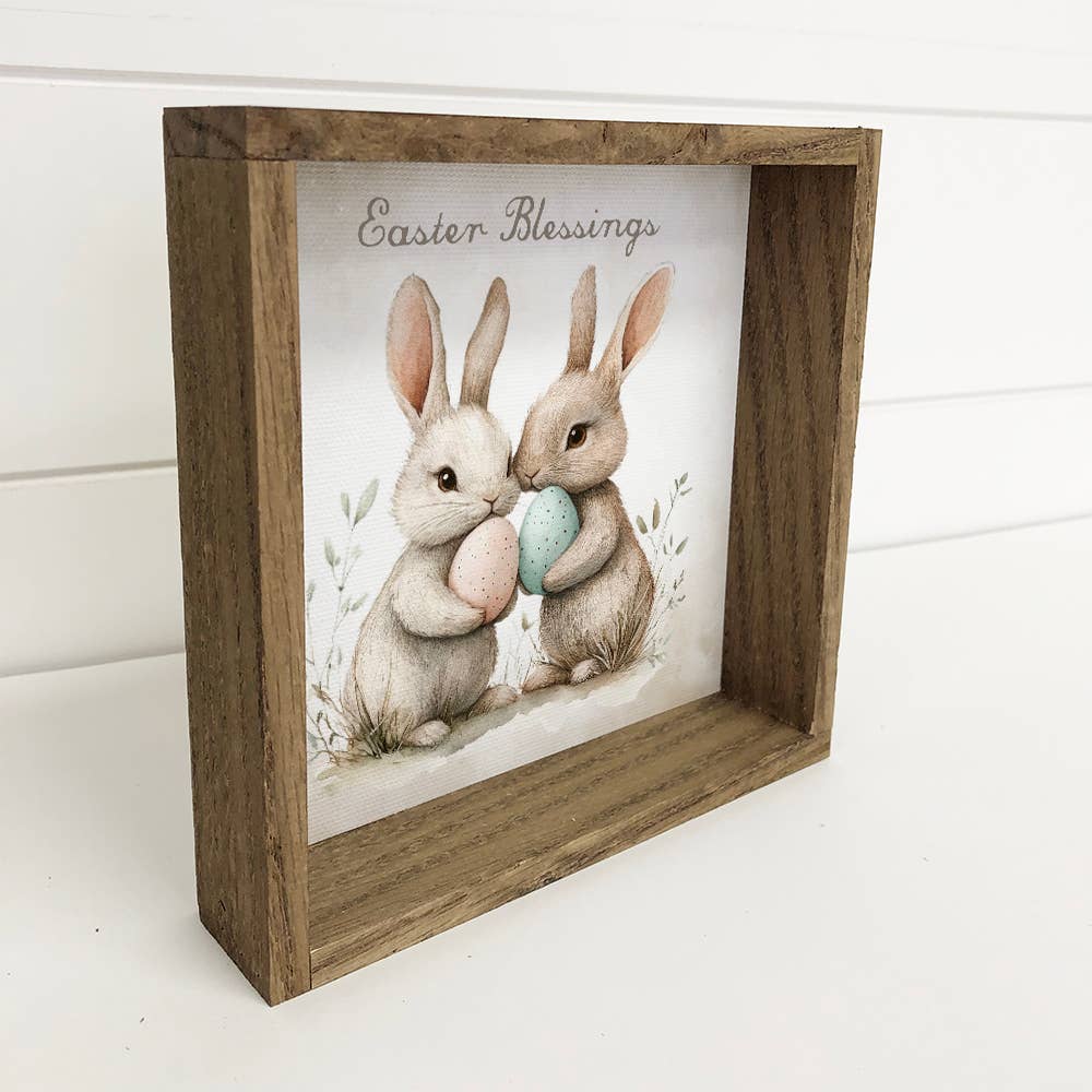 Easter Blessings Two Bunnies - Easter Canvas Art - Framed