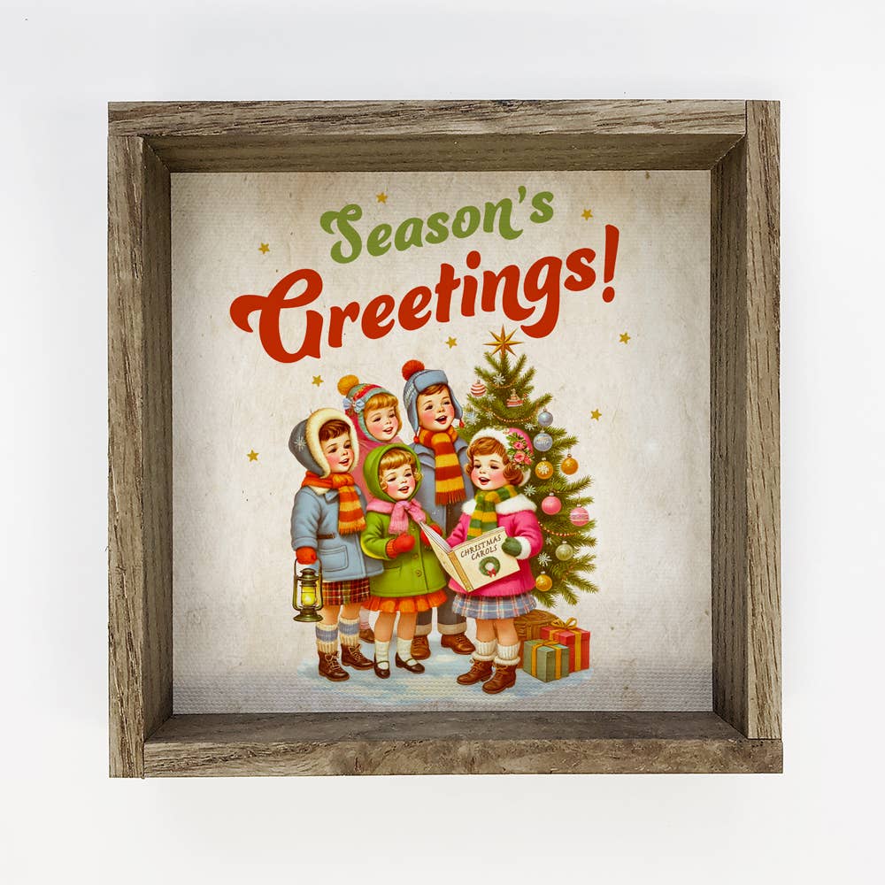 Vintage 1950's Seasons Greetings Caroler Children - Framed