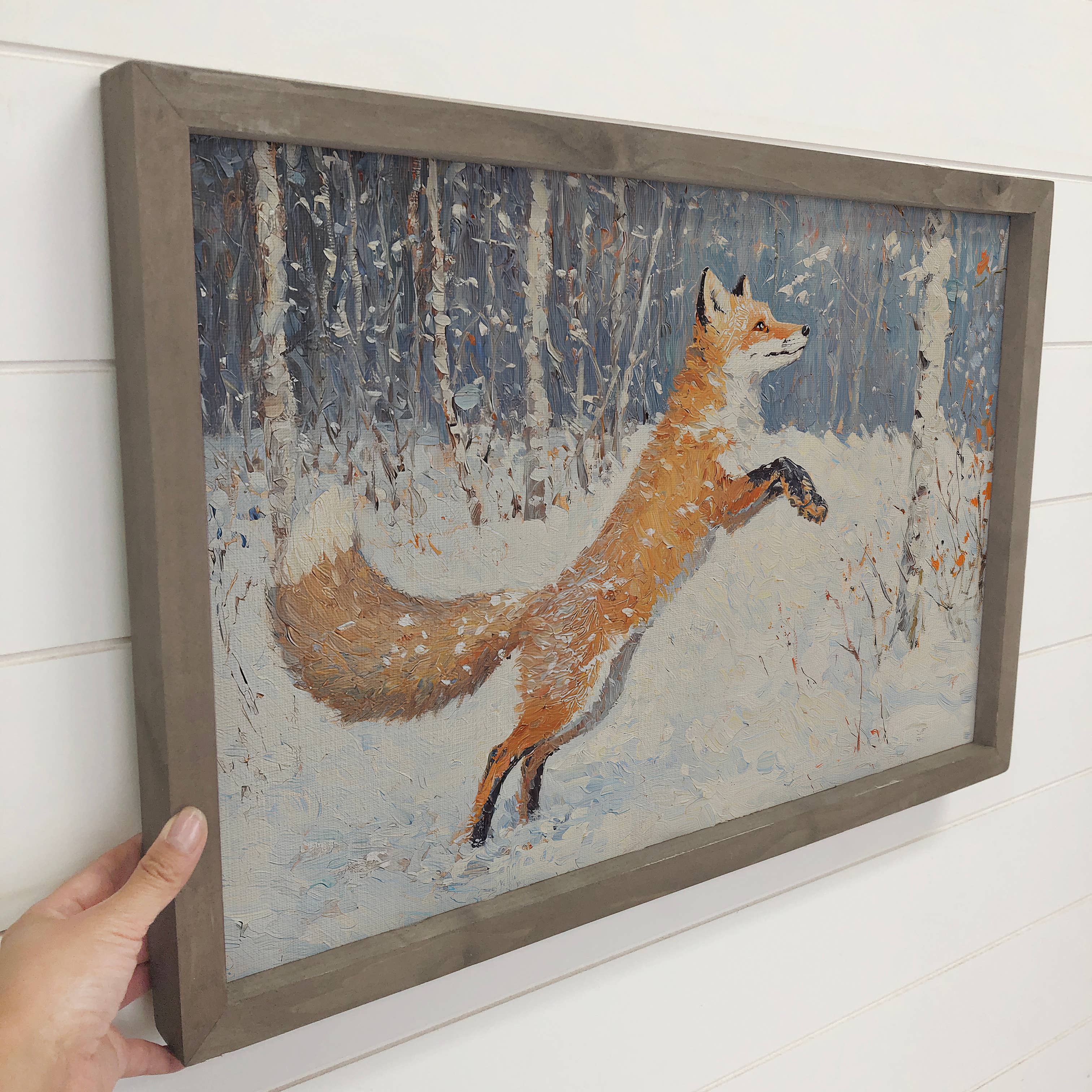 Winter Leaping Fox - Fox Canvas Art - Wood Framed Wall Art