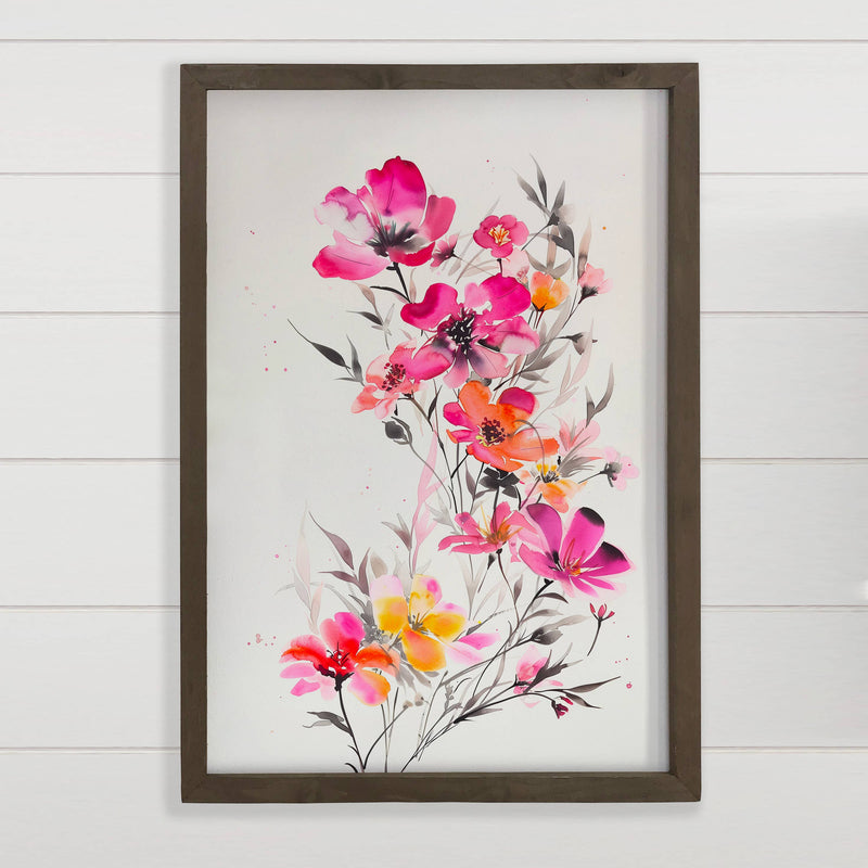 Fuchsia Orange Blossoms - Bright Floral Canvas Art - Framed