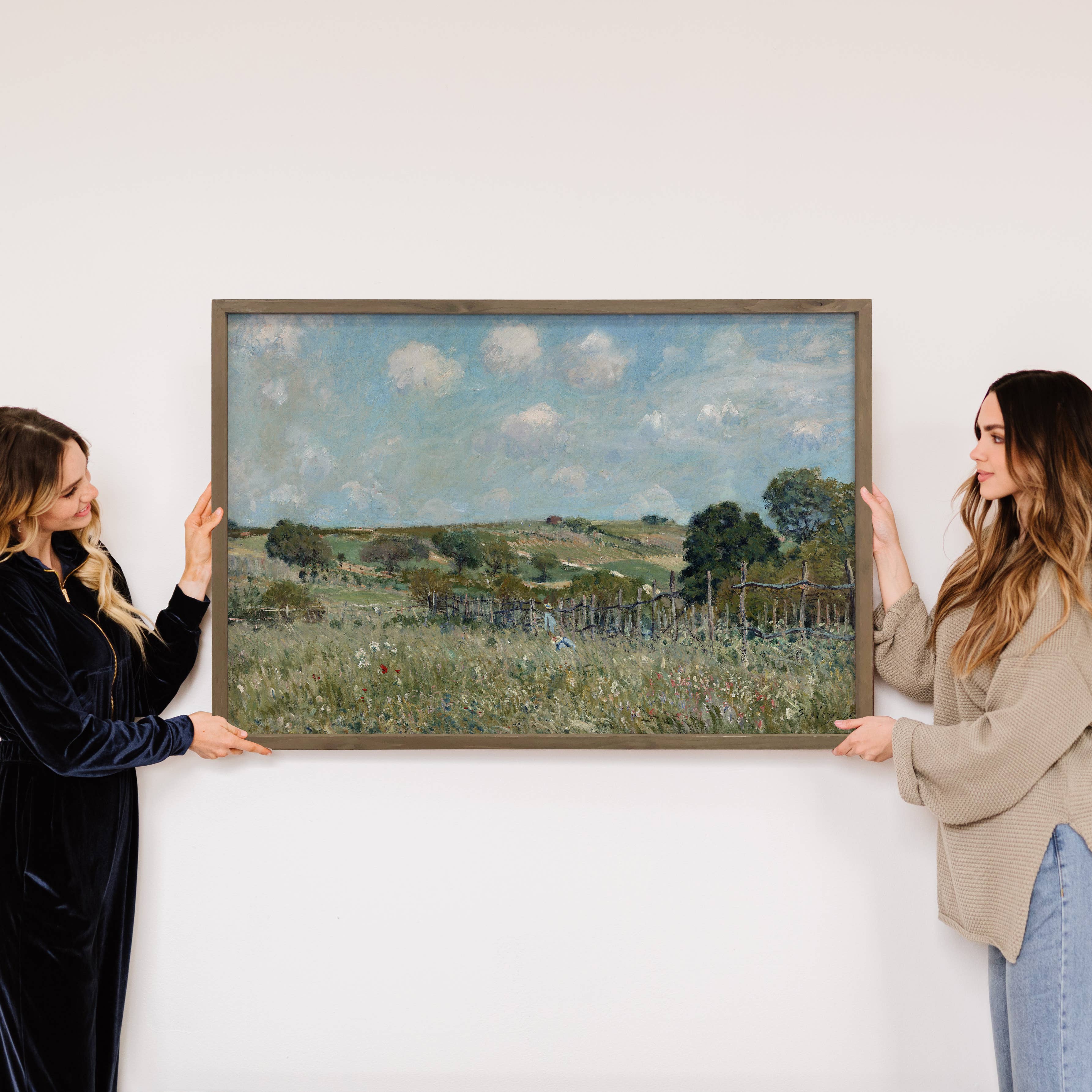 Girls in Meadow - Nature Canvas Art - Wood Framed Wall Art