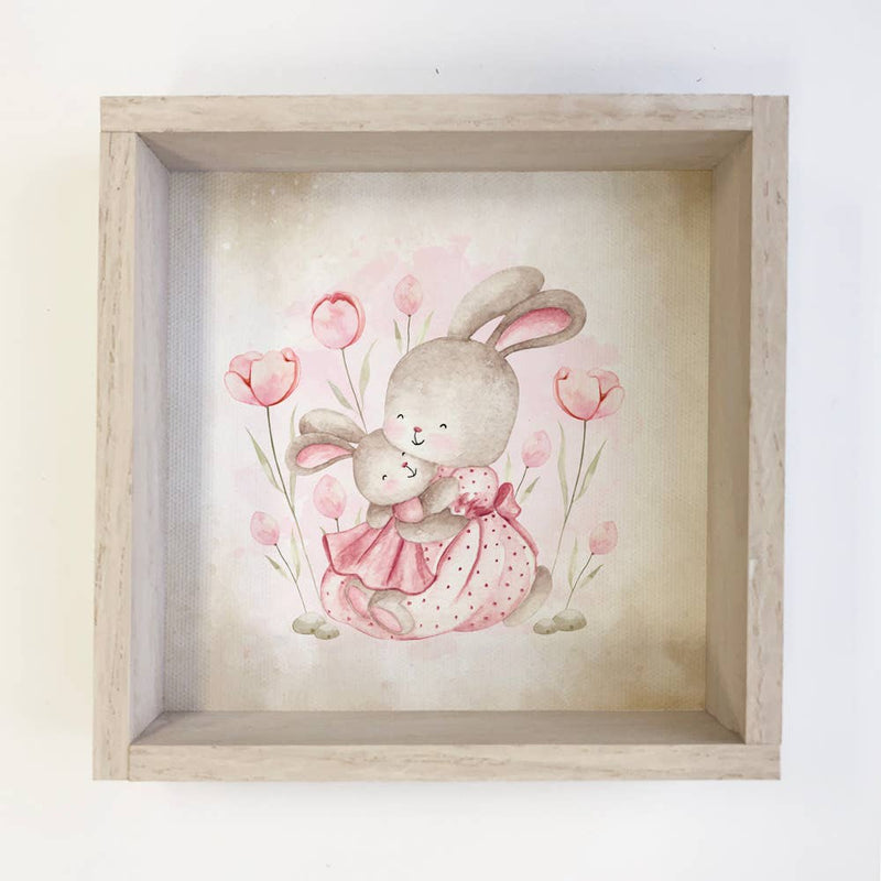 Nursery Print- Mama and Baby Bunny Pink Canvas and Frame