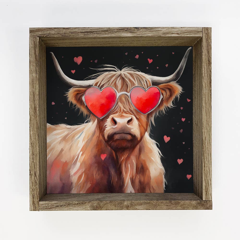 Highland Cow Heart Sunglasses - Cute Cow Canvas Art - Framed