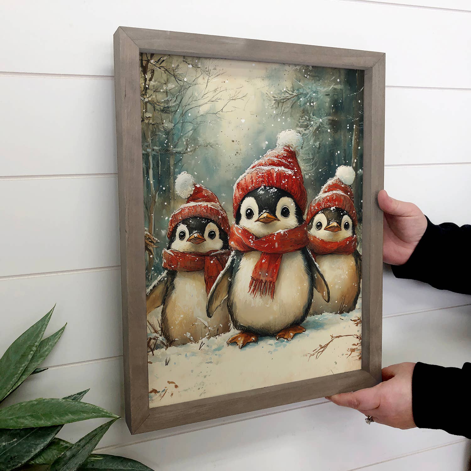 Penguins Bundled Up - Cute Winter Animal Canvas Art - Framed
