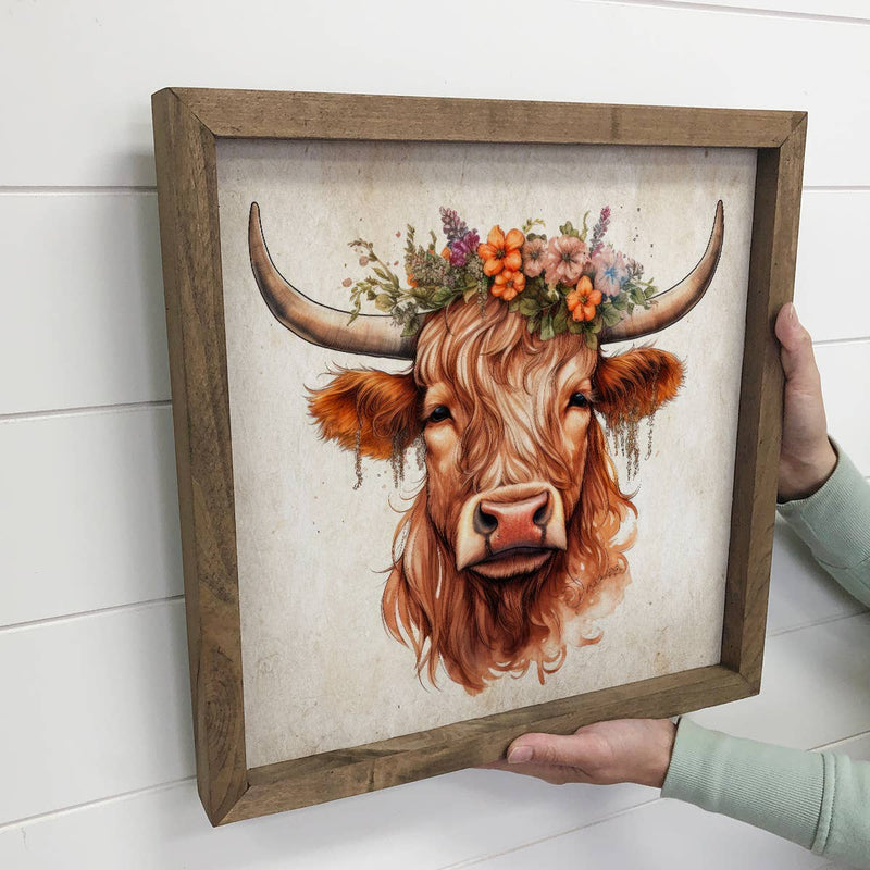 Floral Adorned Highland Cow - Framed Farmhouse Wall Art