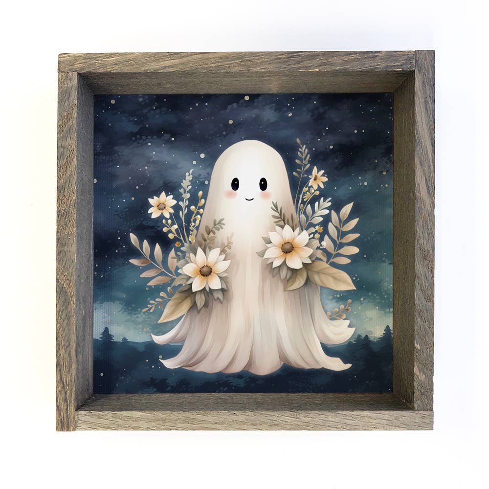 Cute Ghost With Flowers - Halloween Canvas Art - Framed Art