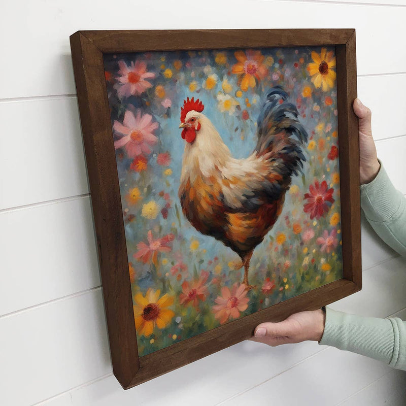 Colorful Floral Chicken - Wood Framed Farmhouse Canvas Art