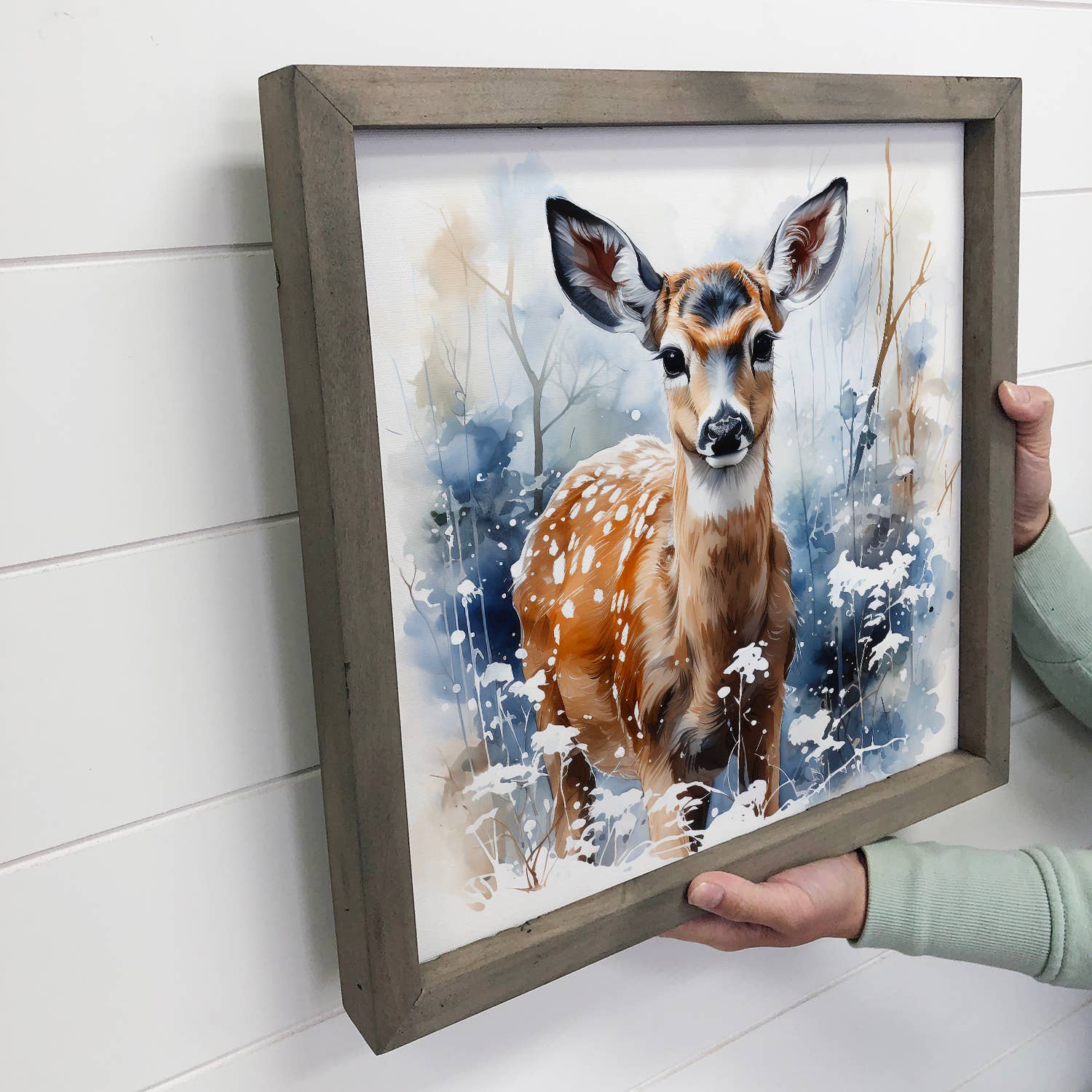 Winter Watercolor Doe Blue - Deer Canvas Art - Wood Framed