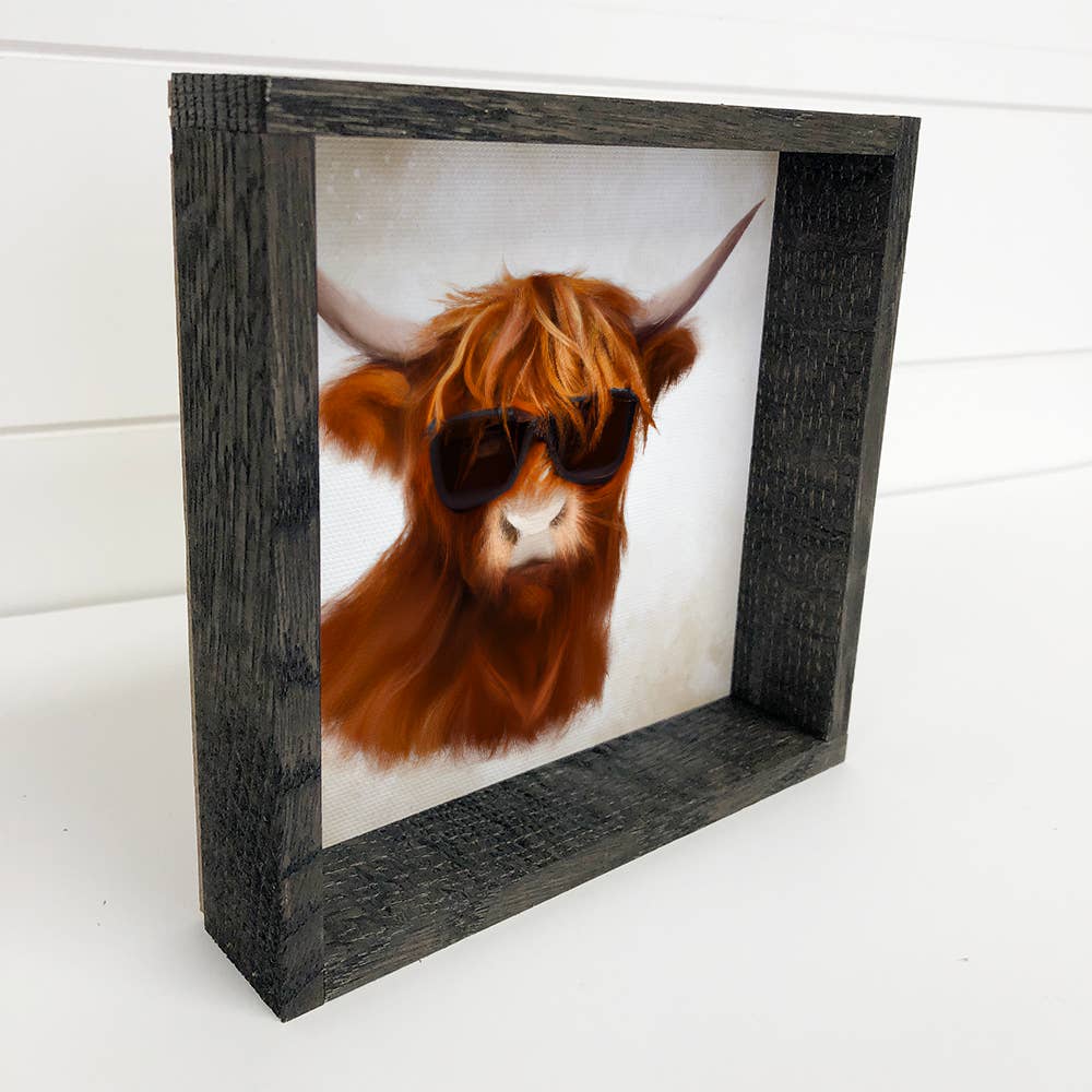 Framed Cow Painting with Sunglasses - Scottish Highland Cow