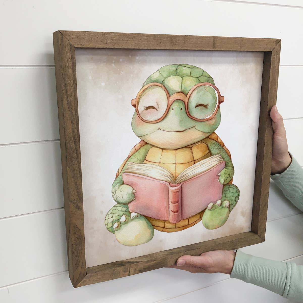 Turtle Reading Book - Cute Turtle Canvas Art - Wood Famed