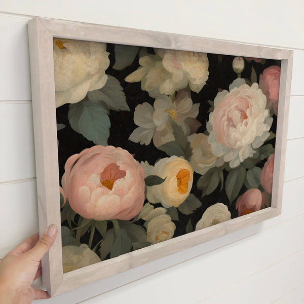 Peonies Ranunculus Dark - Floral Canvas Art - Wood Framed