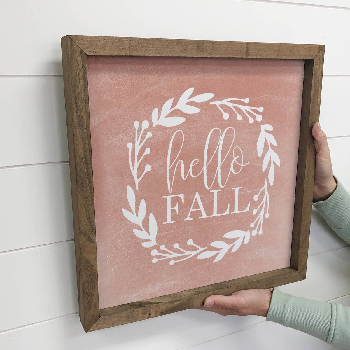 Hello Fall Wreath on Chalked Pink Background Canvas Sign