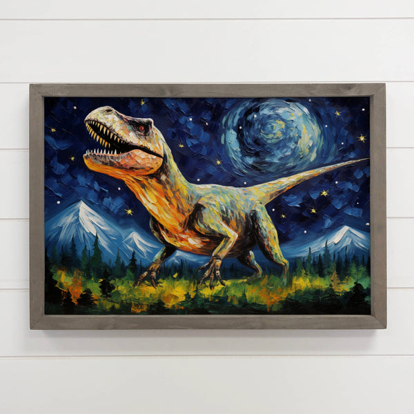 T-Rex Starry Night - T- Rex Canvas Art - Wood Framed Artwork