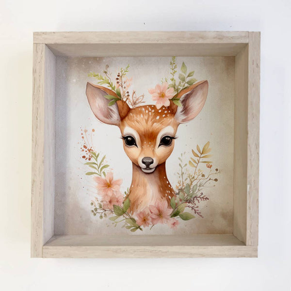 Boho Cute Deer Wall Art - Nursery Canvas Art - Wood Framed