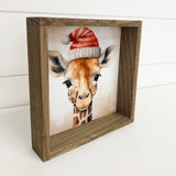 Giraffe Santa Hat - Cute Holiday Animal Canvas Art - Framed