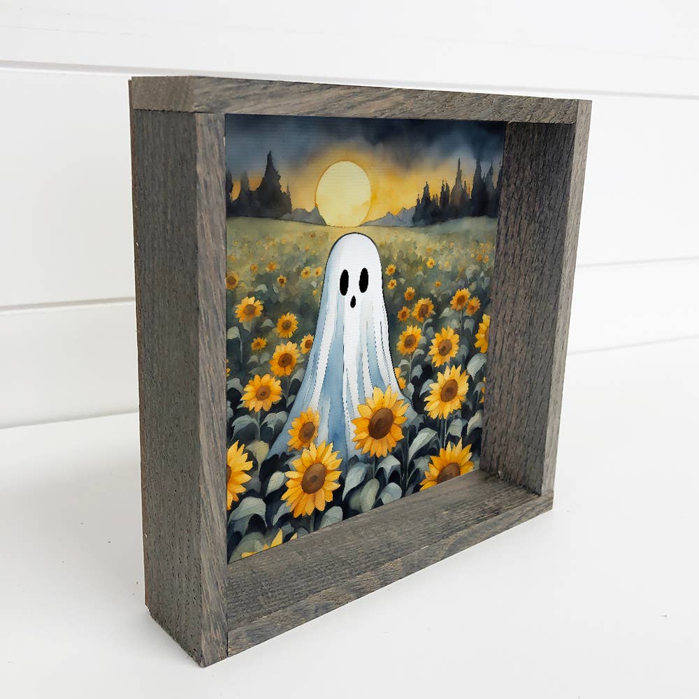 Cute Ghost in Sunflower Field - Halloween Canvas Art - Frame