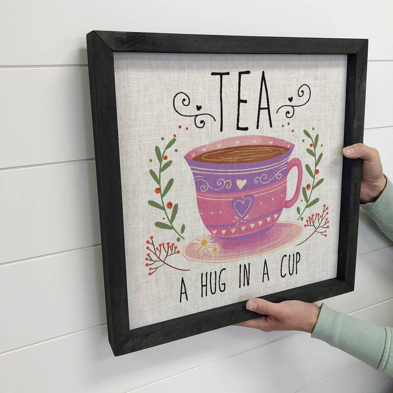 Folksy Tea A Hug in A Cup - Tea Cup Canvas Art - Wood Framed