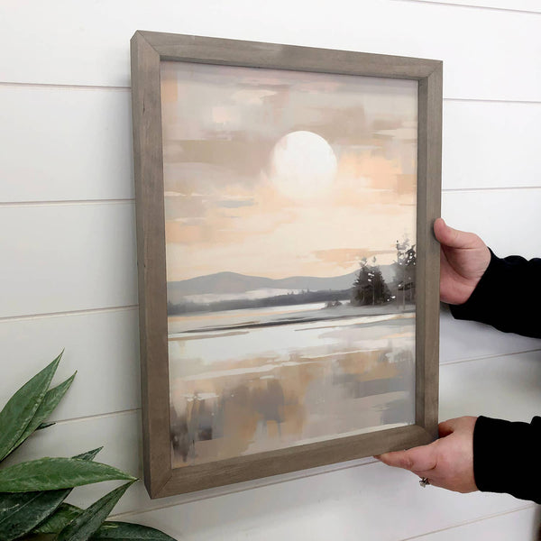 Gray Glowing Lakescape - Nature Canvas Art - Wood Framed Art