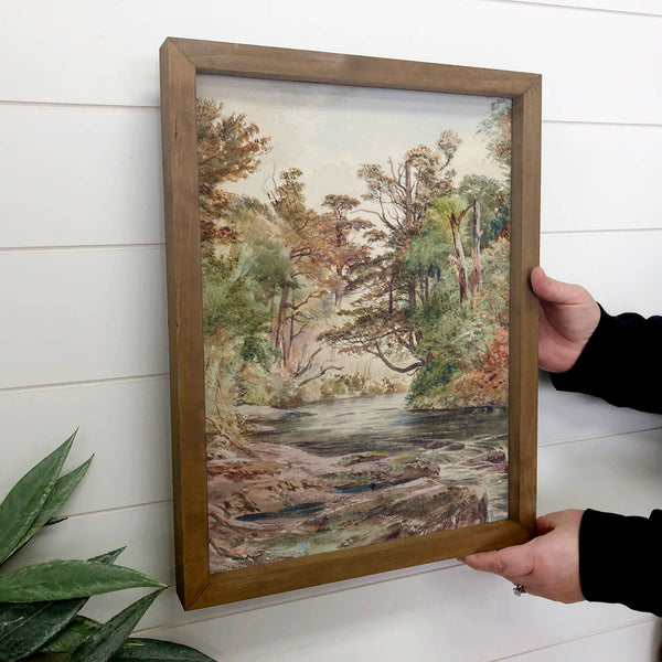 Woodland River Scene - Landscape Canvas Art - Wood Framed