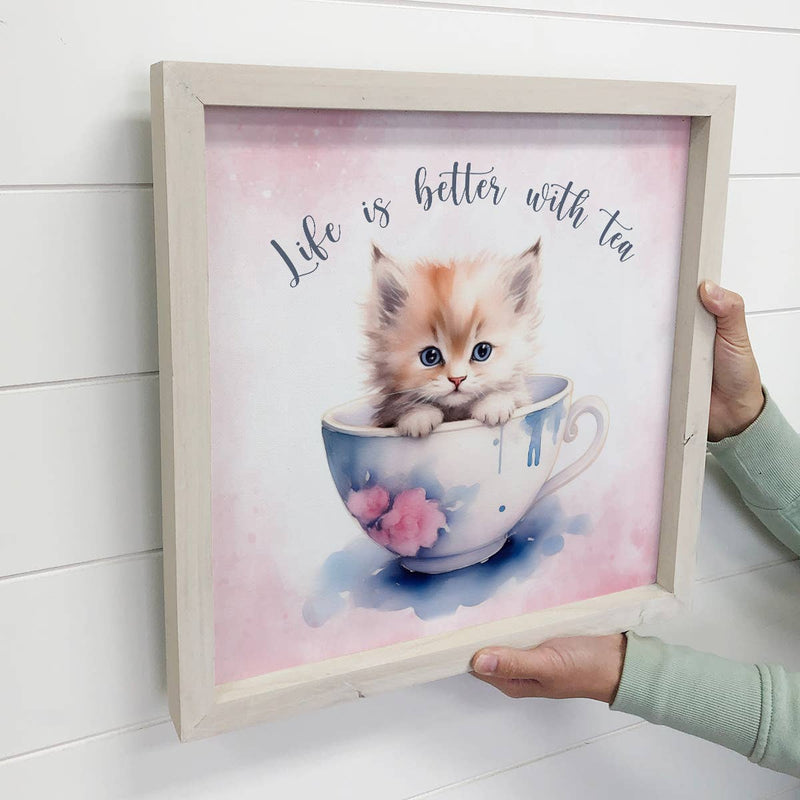 Life is Better with Tea Cat - Cute Framed Animal Wall Decor