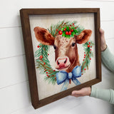 Christmas Wreath Brown Cow - Cute Holiday Animals - Framed