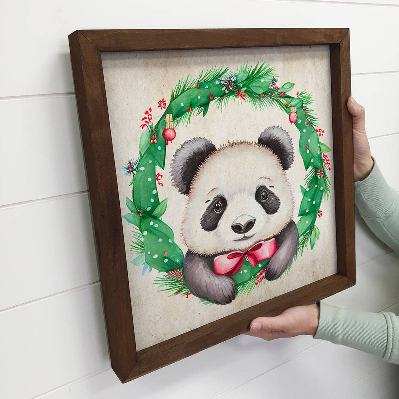 Christmas Wreath Panda - Cute Holiday Animal - Framed Decor