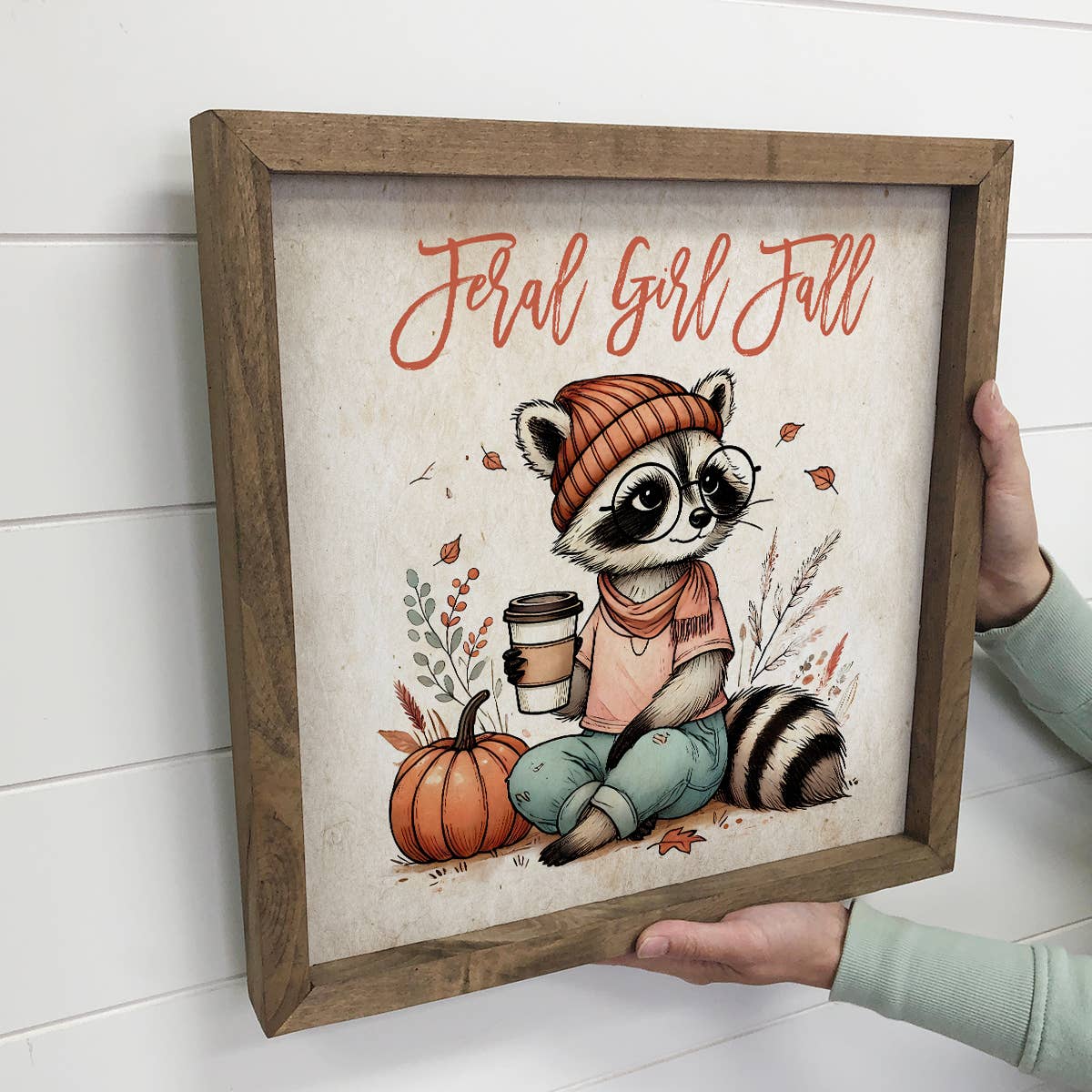 Feral Girl Fall Raccoon - Funny Fall Canvas Art - Wood Frame